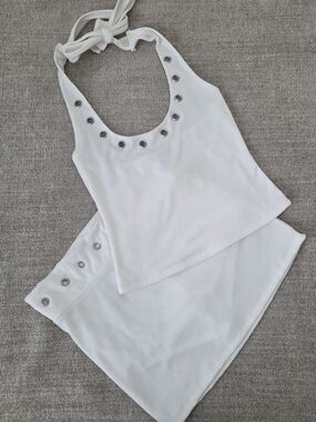 White Ribbed Halter Tank with Silver Grommet Trim